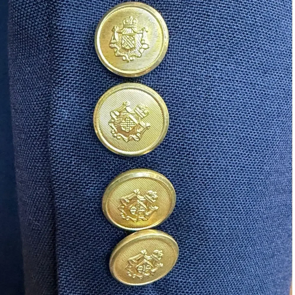 Vintage Navy Blue Double Breasted Blazer 100% Wool Gold Crest Buttons USA SZ 44R